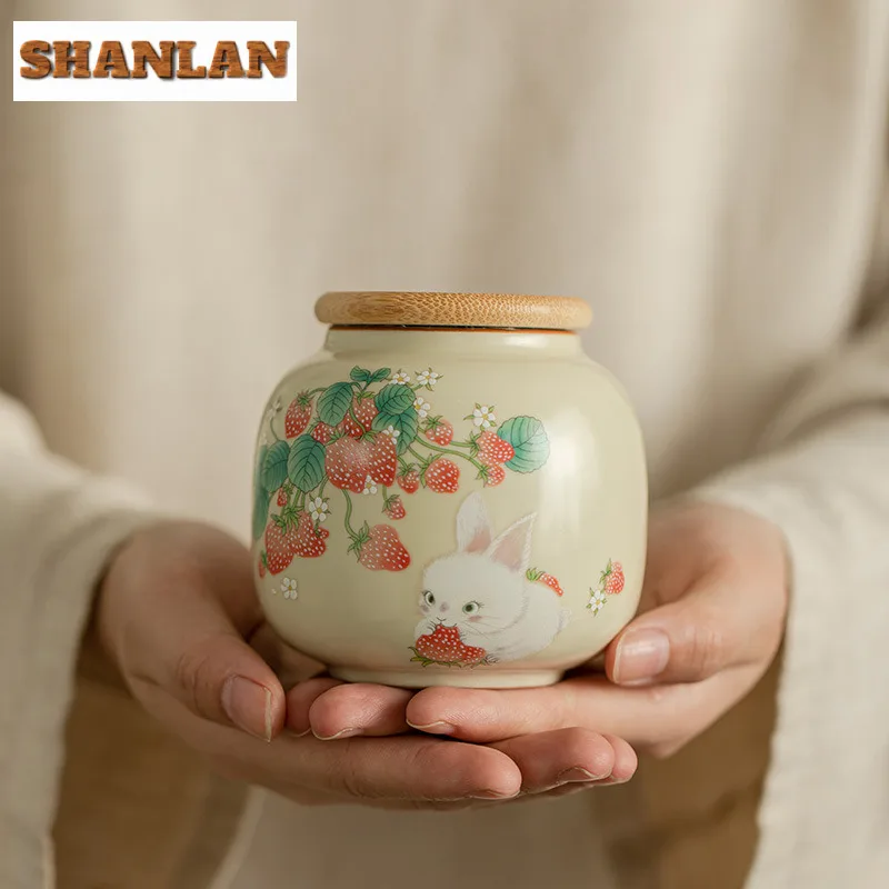 

260ml Ru Kiln Ceramic Tea Jar Creative Cute Strawberry Rabbit Tea Can Antique Moisture-proof Storage Tank Tea Caddy Teaware Gift