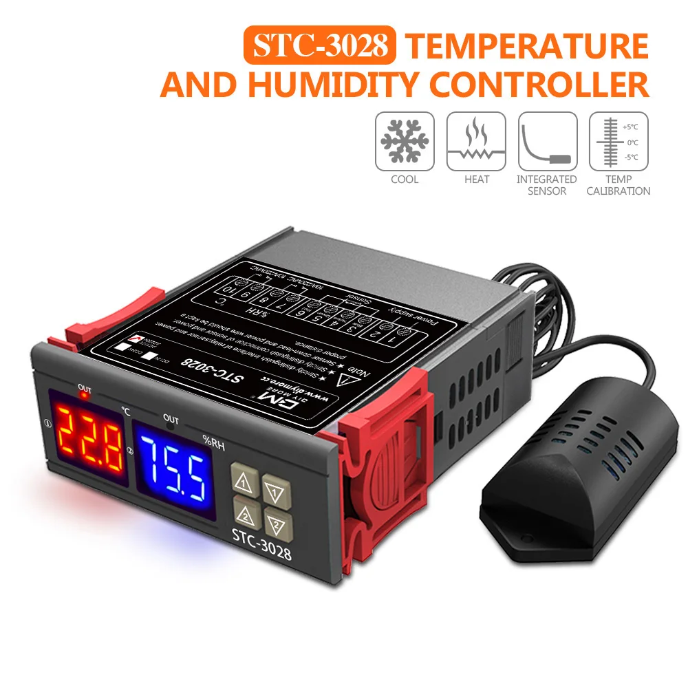 Dual Digital Thermostat Temperature Humidity Control STC-3028 Thermometer Hygrometer Incubator Controller AC 220V DC 12V 24V