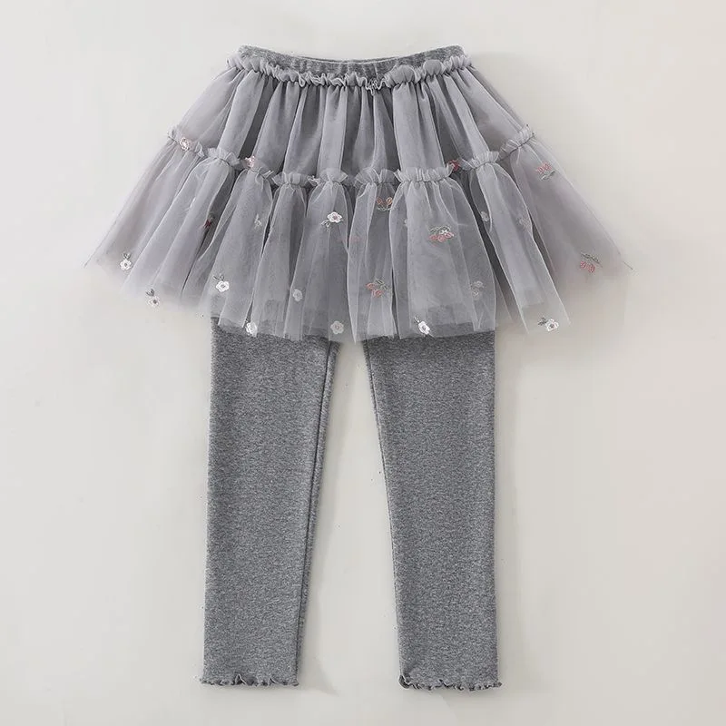 Spring and Autumn Baby Clothing Leggings Children's Personality Trend, Korean Flower Embroidery Mesh Fake Two-piece Skirt Pants