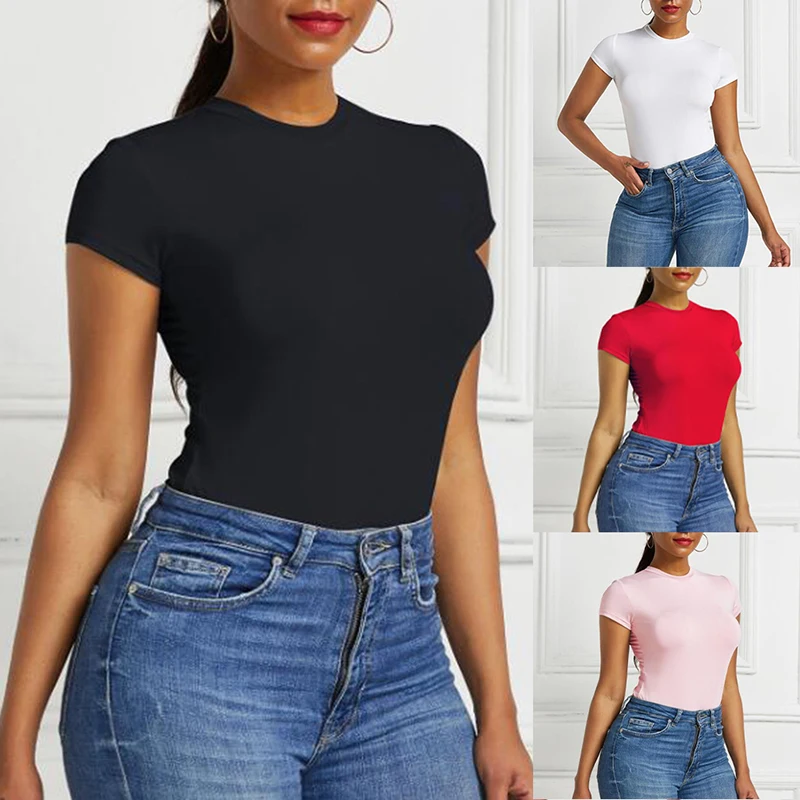 Solid One Piece Bodysuit Short Sleeve O Neck Sexy Open Basic Overalls Women Tight Fitting Body Top Skinny  Female