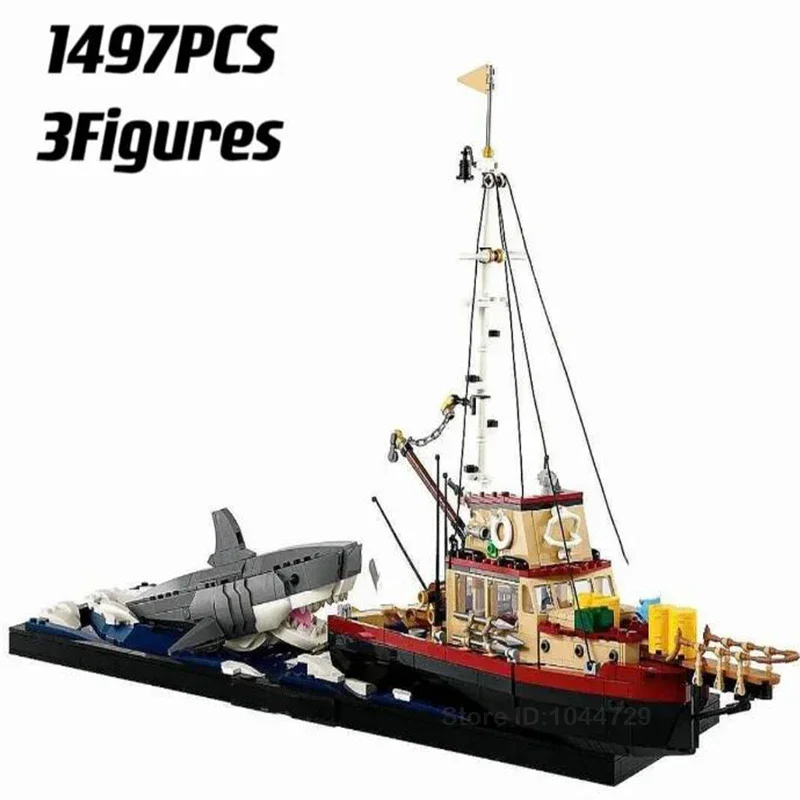 2025 New 21350 Jaws Diorama Boat Shark Pirate Ship Building Blocks Fishing Boat Model Bricks Toys Birthday Gift For Kid