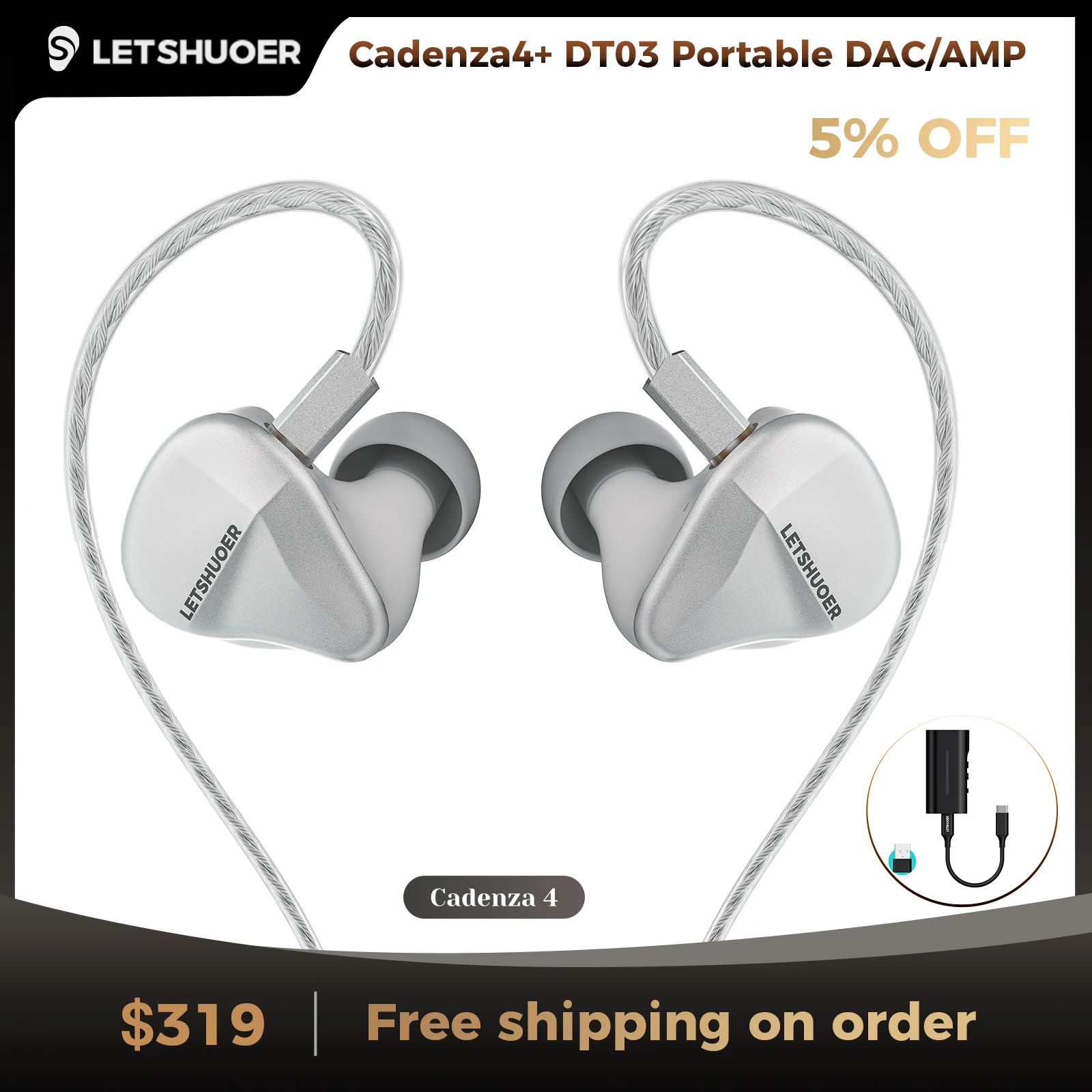 LETSHUOER Cadenza4 wired IEM Hifi earphones and DT03 Headphone Amplifier Portable