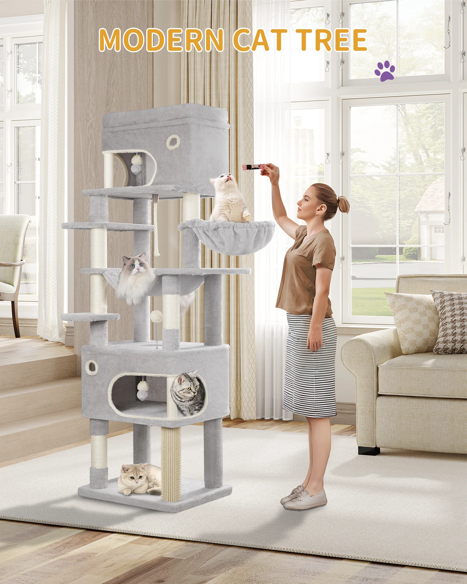 Hzuaneri Arbre à chat, Arbre à chat de 178 cm avec grande plateforme, 2 grottes, 7 grattoirs, pompons, adapté à toutes les races de chat