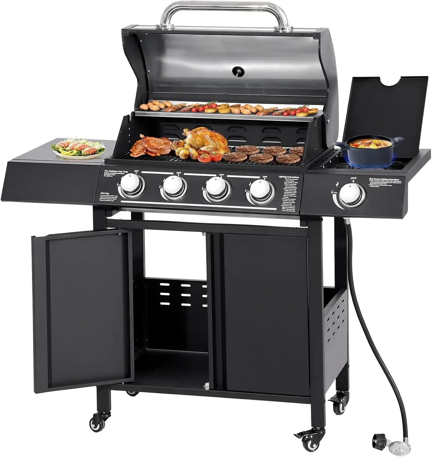 

4-Burners Propane Gas Grill with Side Burner, 50,000 BTU Outdoor BBQ Grill, Cast Iron Cooking Grate with Wheels grill