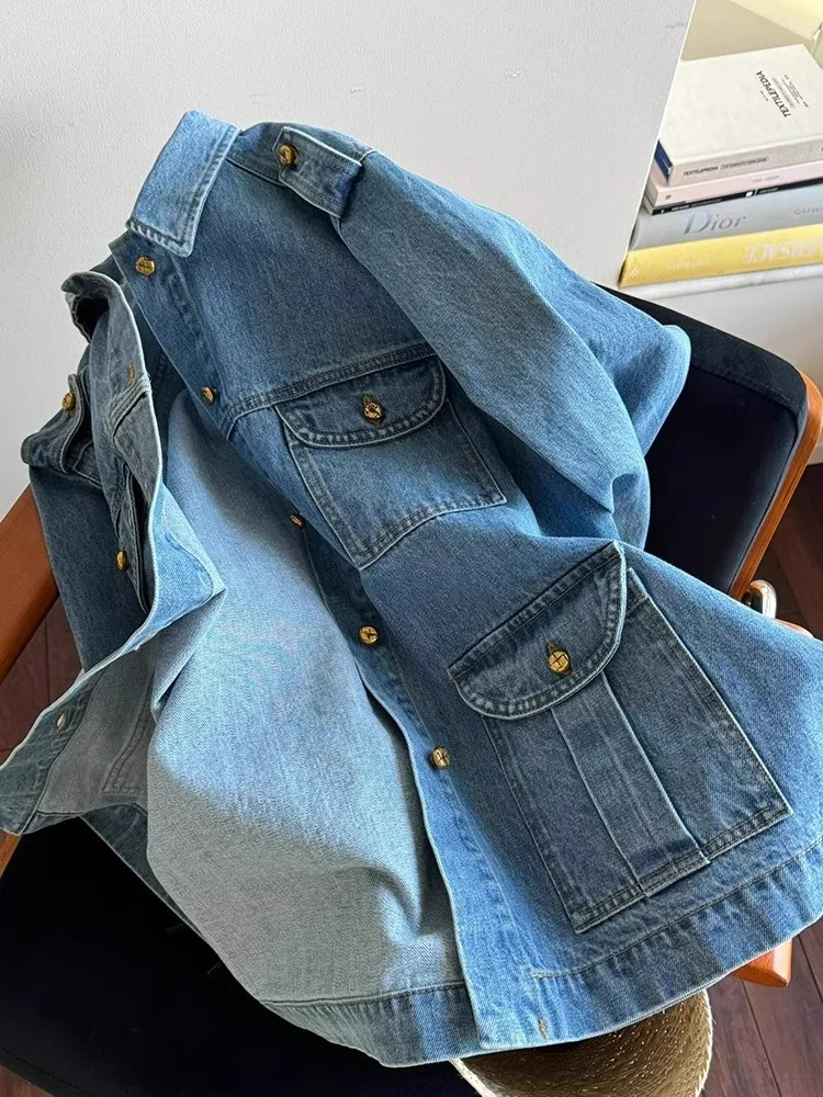 

Синяя джинсовая куртка для женщин, весна-осень, джинсовая верхняя одежда с отложным воротником и длинными рукавами, повседневное однобортное пальто, топы