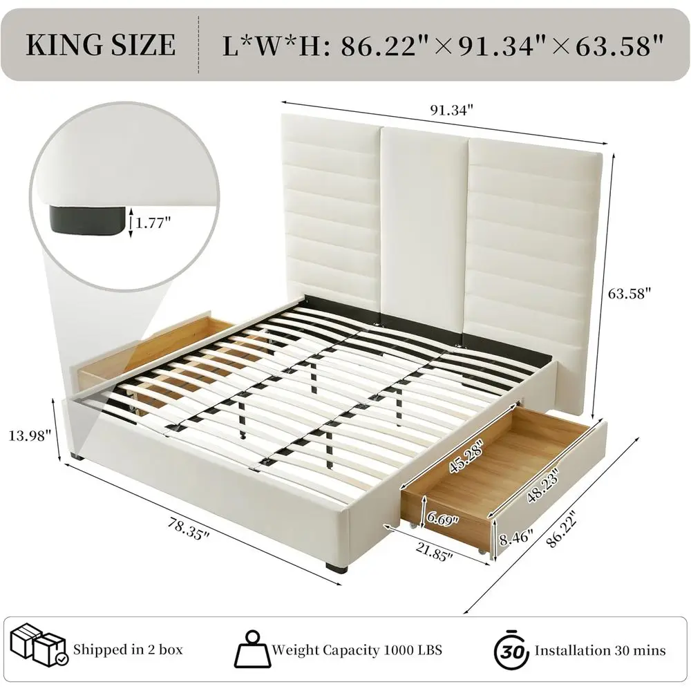 โครงเตียงแพลตฟอร์มกำมะหยี่สีครีมพร้อมลิ้นชักเก็บของและแผ่นไม้ ไม่ต้องใช้สปริงกล่อง ประกอบง่าย