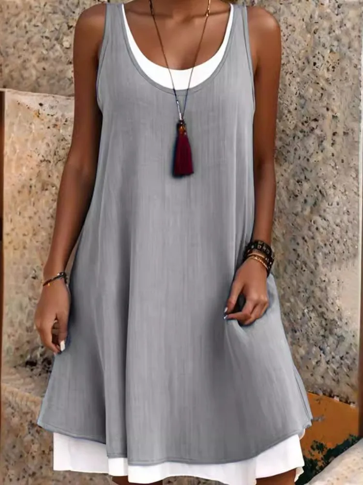 Vestido sólido feminino moda o pescoço pulôver sem mangas falso duas peças solto vestidos de praia para mulheres verão novas roupas femininas
