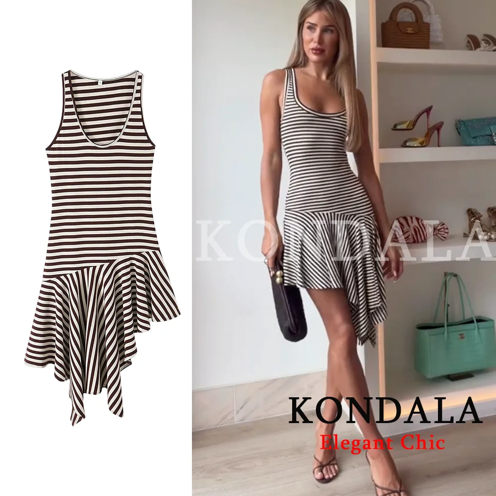 KONDALA Damen Trendiges Strandkleid Gestreiftes Kurzkleid Ärmellos Asymmetrischer Saum Kleid 2026 Frühling Sommer Urlaub Party Cami Mujer Kleid
