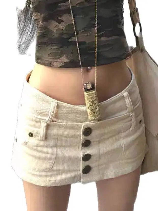 Mini Skirt Layering Multiple Buttons Women Apricot A-Line Jean Skirt Vintage Y2k Large Size Harajuku Korean Skirts Summer 2024