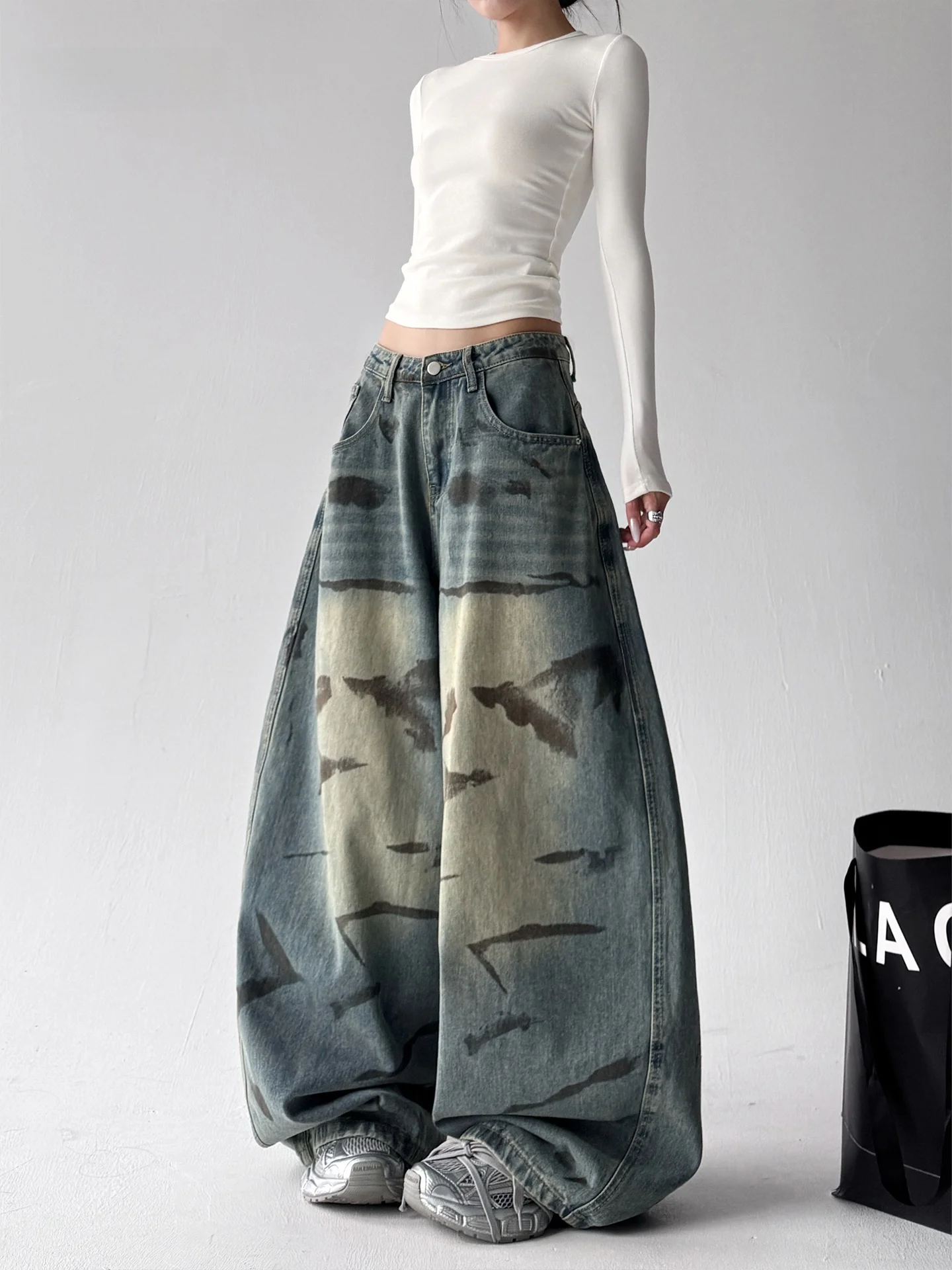 

Retro Vintage Wide Leg Denim Jeans Women's Loose Fit Dance Street Sle Banana Pants Cotton Polyester Elastic Fiber Low Waist