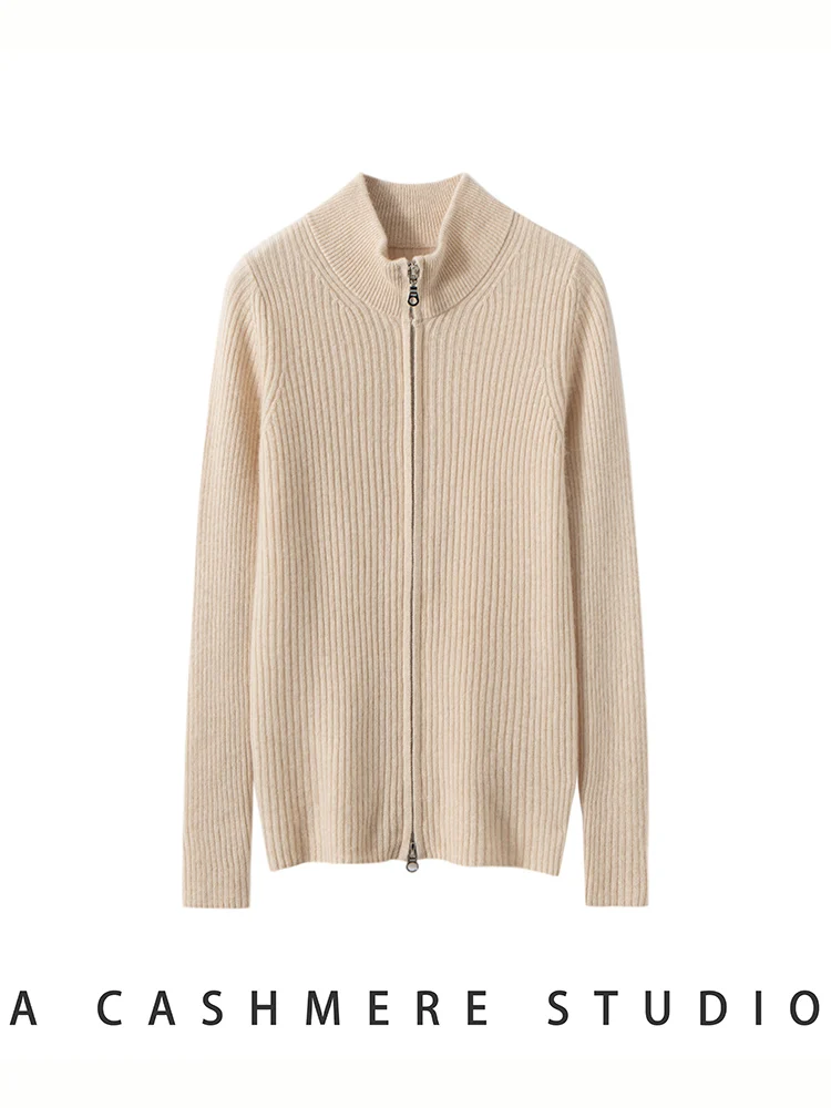 Addonee feminino 100% camisola de caxemira mock neck fino zíper cardigan casaco outono inverno grosso quente estilo simples casaco de caxemira