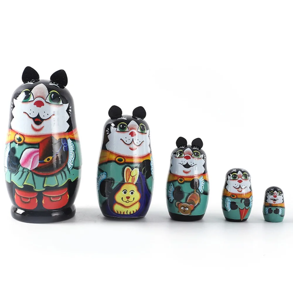 5 Layer Russian Nesting Dolls Figurines Collection Wooden Matryoshka Toys Cartoon Hand Paint Toys Handmade Stacking Dolls