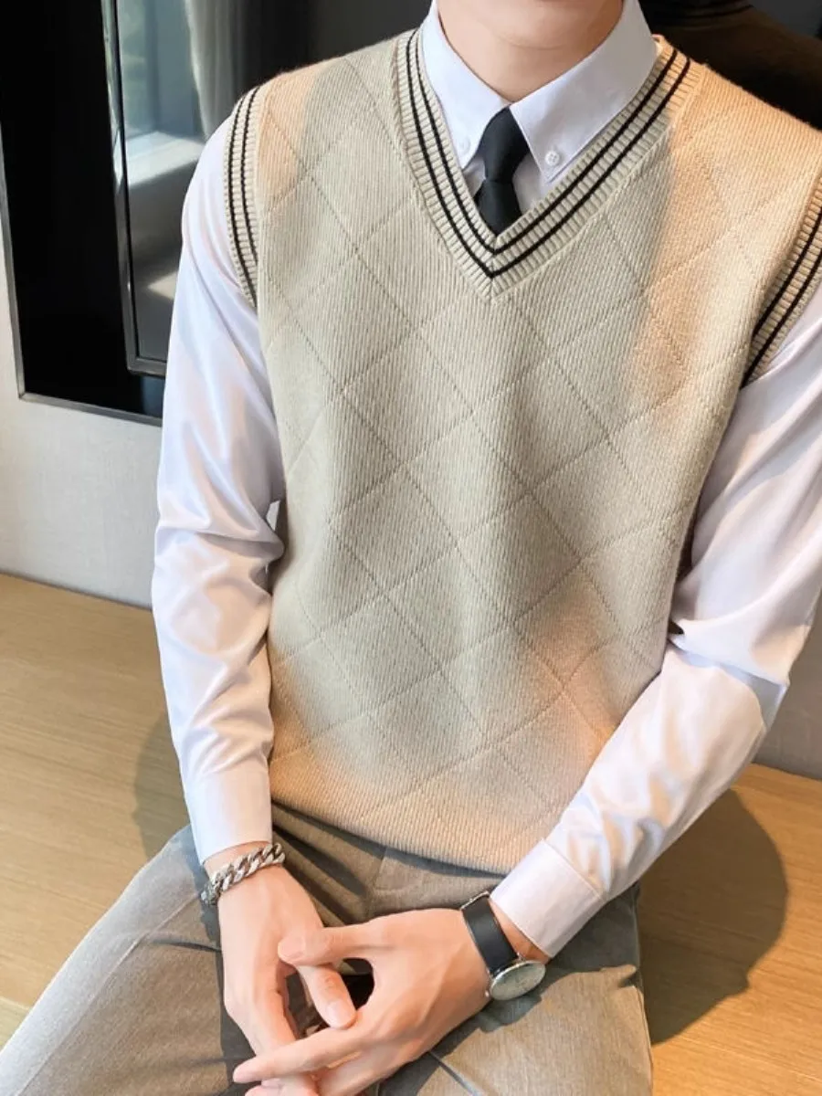 

Модный вязаный жилет-свитер мужской, приталенный, с V-образным вырезом, для весны и лета, повседневный, городской стиль, дышащий, комфортный