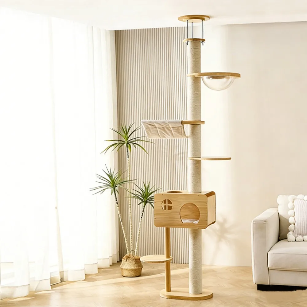 Modern Luxury Height Adjustable Solid Wood Cat Climbing Frame Multi-Function Cat Tree Tower for Cats Jumping Scratching Playing