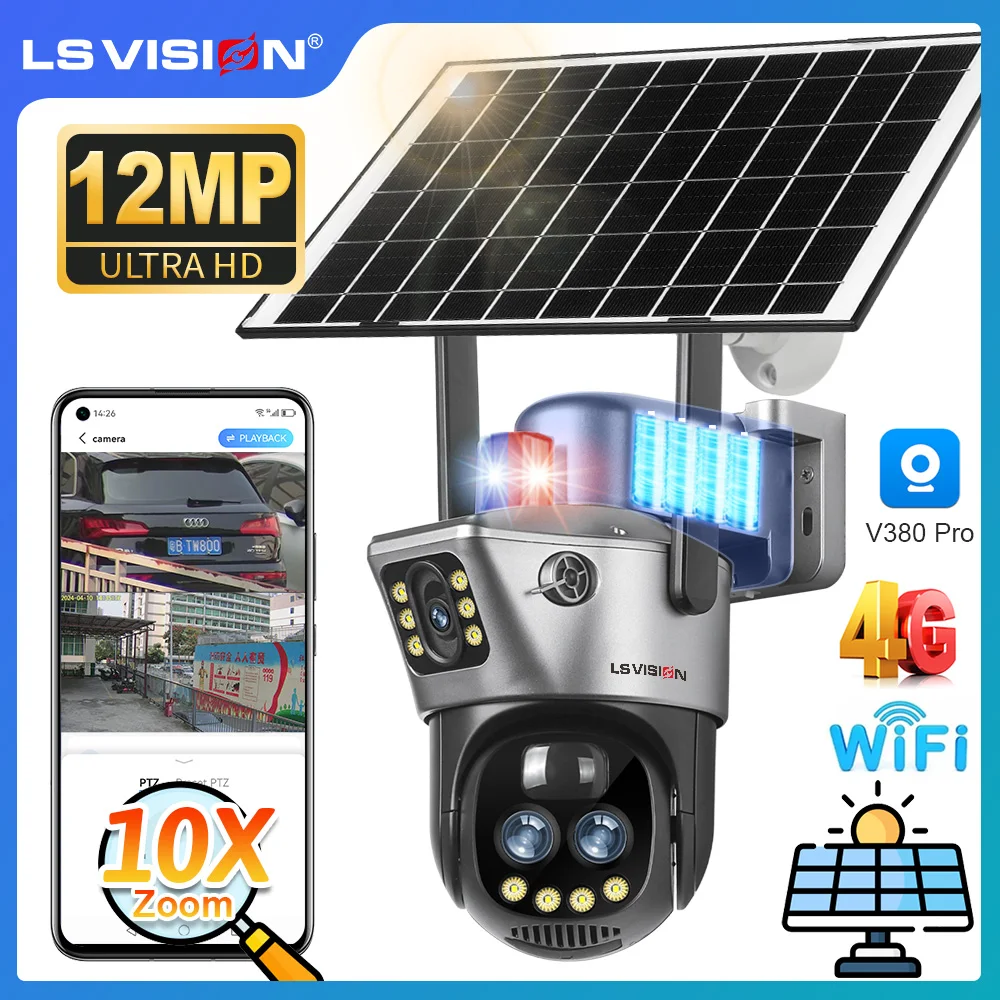 LS VISION 6K 12MP 10X Zoom 4G Solar Camera Outdoor WiFi PTZ Dual Screen Red Blue Light Alarm Auto Tracking Surveillance Cameras