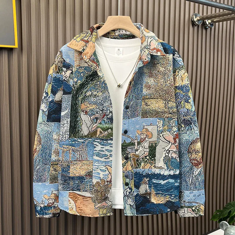 2025 summer Men's Printed casual Jacket men Single Breasted turndown Collar Coat man Loose cartoon pattern youth top Size M-4XL