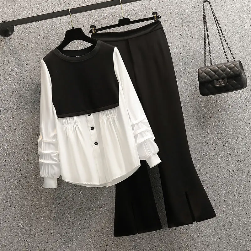 Stripe Stitching Pleated Chiffon Shirt Casual Wide Leg Pants Two-piece Elegant Women\'s Pants Set Street Casual Outfits