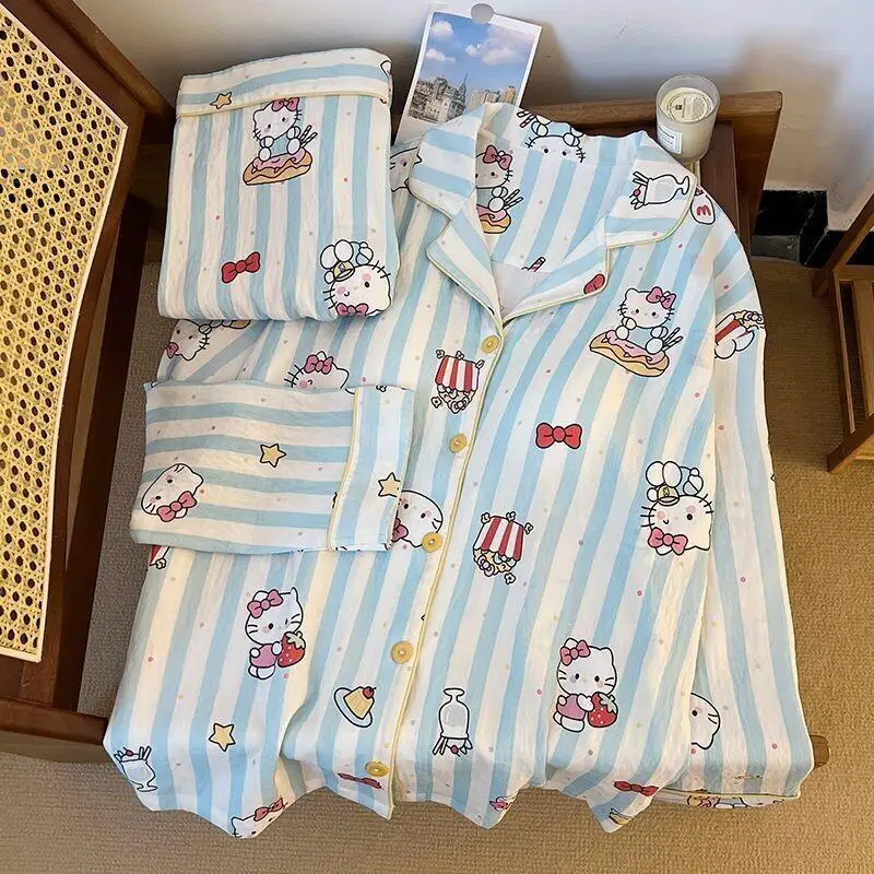 

Пижамы Sanrio Hello Kitty, женская домашняя одежда с героями мультфильмов, милый свободный кардиган с длинными рукавами, весенне-осенний новый комплект ночной одежды в полоску с героями мультфильмов