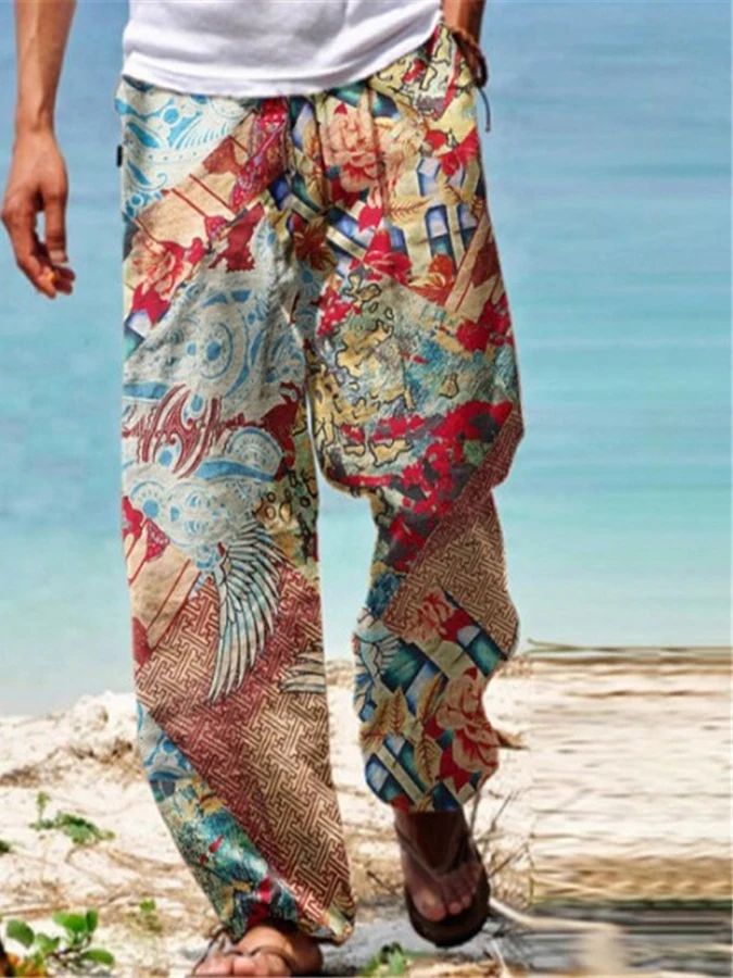 

Casual Beach Straight Pants for Men Trendy Loose Fit Printed Waist Youth ular Long Trousers Beachwear Comfortable Lightweight