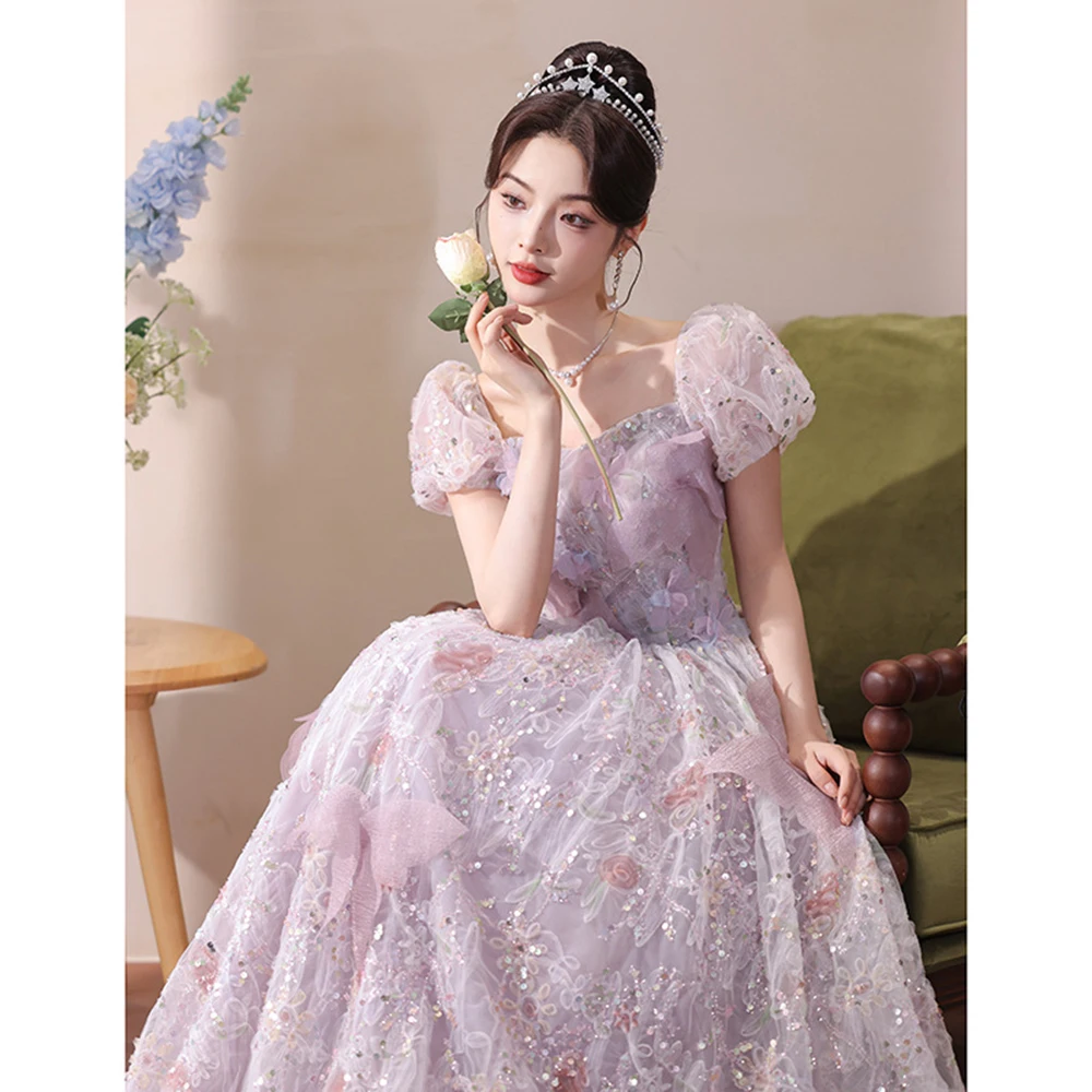 

Purple Ball Gown Princess Dress 2025 New Style Puffy Sleeve Tulle Skirt Birthday Party Annual Meeting Mini Dress