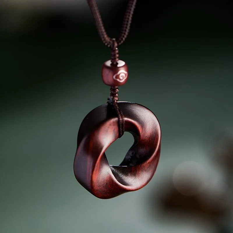 Timeless Auspicious Mobius Loop Sandalwood Pendant Adjustable Unisex Layering Necklace Bohemian Wooden Charm Sweater Chain Gift