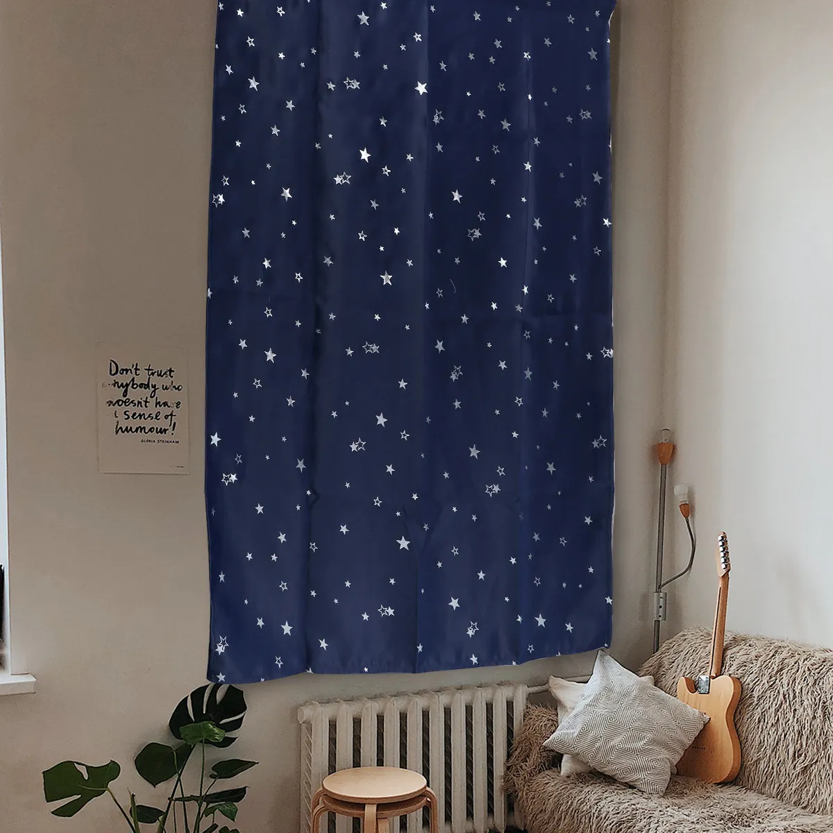 Star Printed Navy Blue Window Curtain Embroidered Decorative Room Darkening Drape Bedroom Living Room Privacy Heat Block view 4