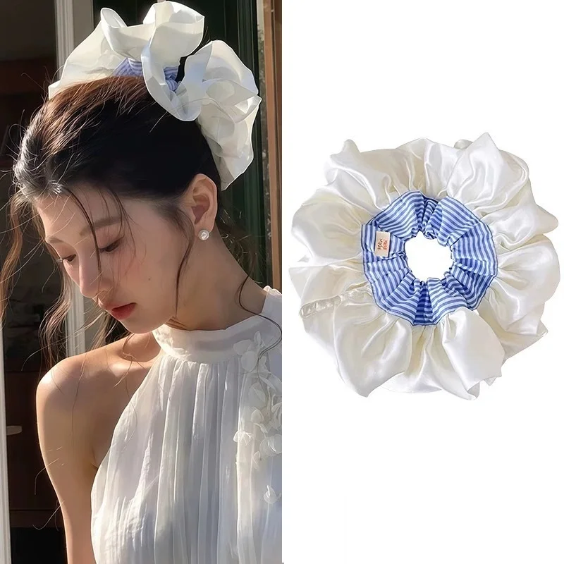 

Extra large cream ballet style satin lace large intestine headband with blue stripes hair string Korean sweet hair accessories