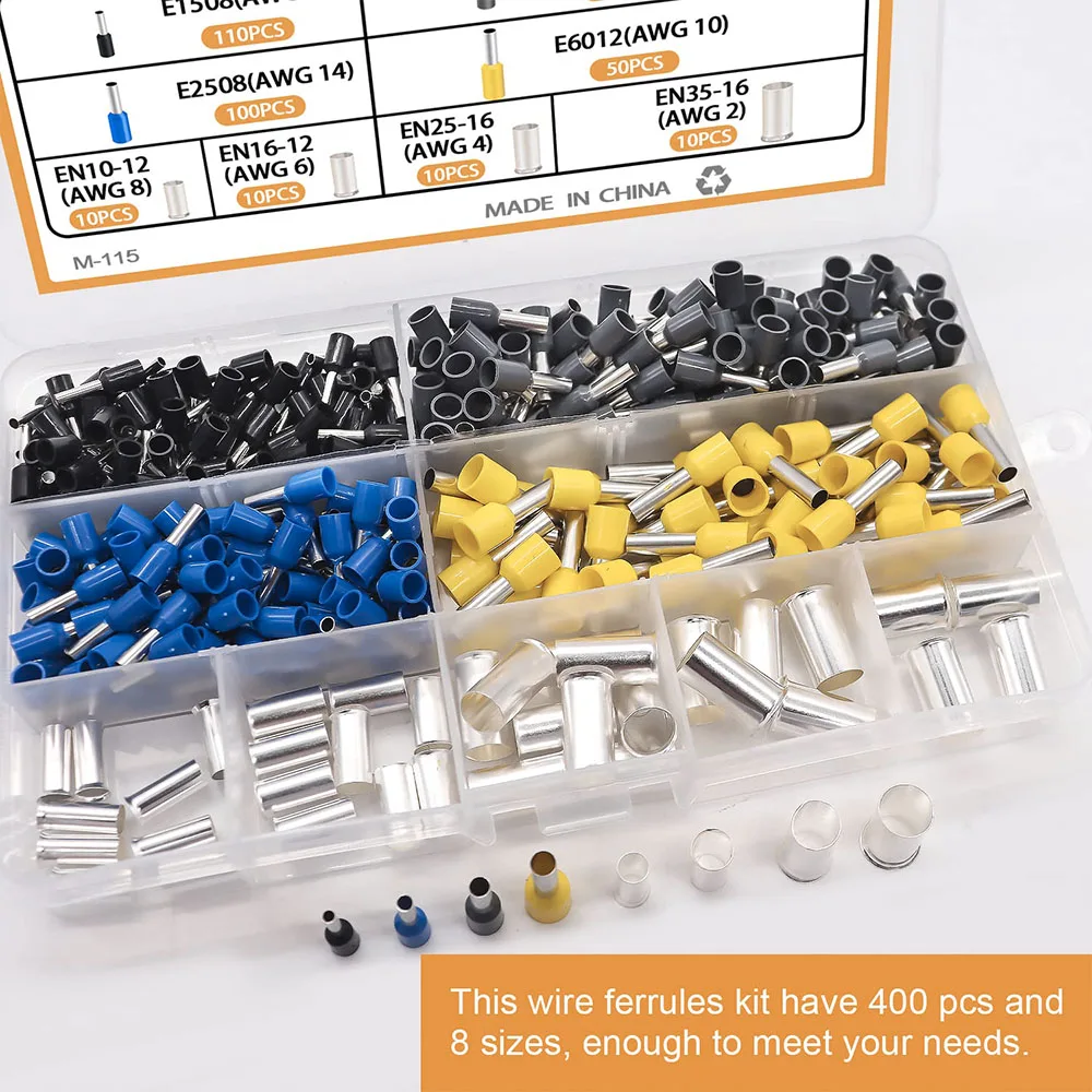 

400PCS Silver Plated Copper Ferrules Wire Ends Terminals Crimp Connector Sleeves 8 Sizes AWG(16 14 12 10 8 6 4 2) M-115