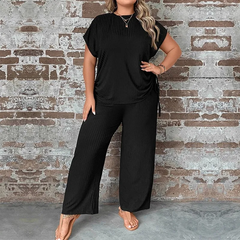 

Large Size Summer Women's T-irt Wide Leg Pants Two-Piece Set Casual Comfortable Breathable Loose Fit plus Size Outfit