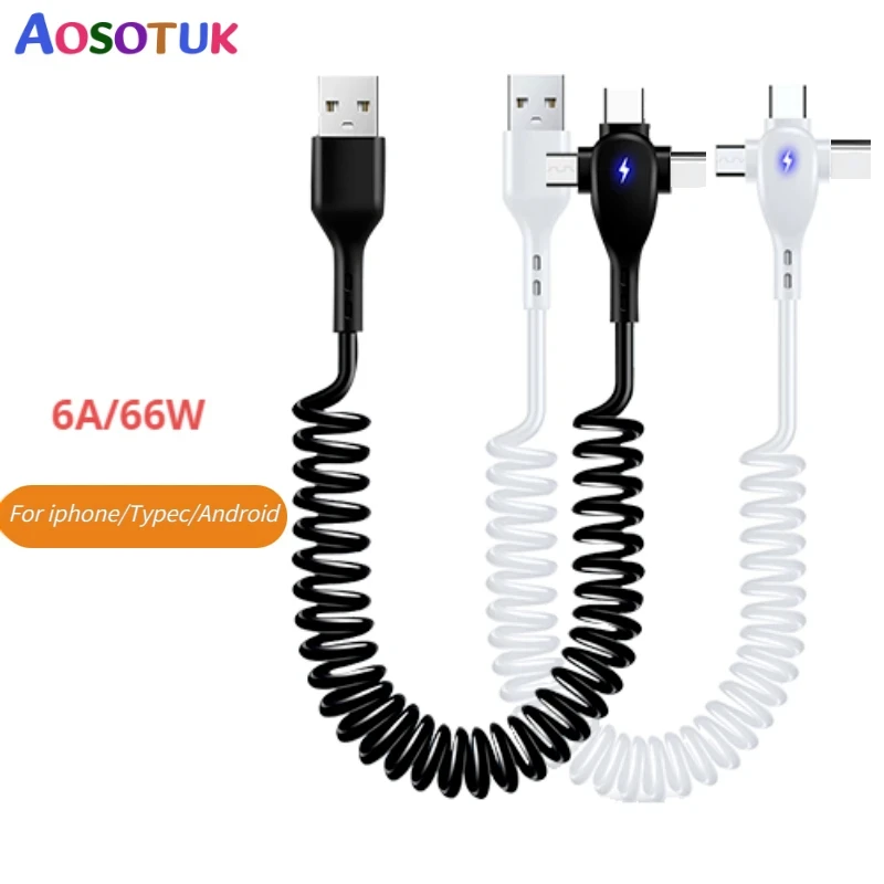 5A 3in1 1.8M Spring Charging Cable For Samsung Xiaomi POCO f5 Super Fast Charge Data Cable USB A to Micro USB Type-C For IPhone