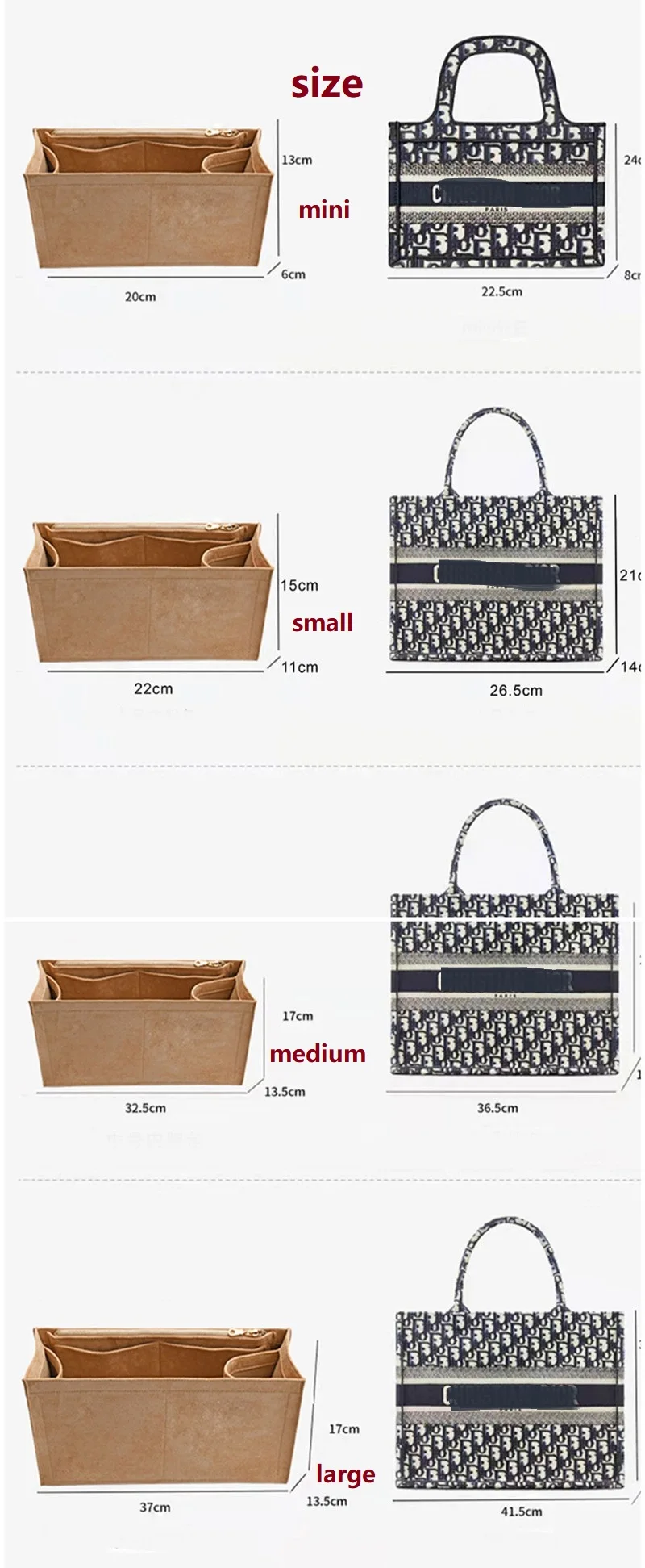 Only inner Bag Organizer Insert For Dior Book Tote Organiser Divider Shaper Protector Compartment Inner Lining