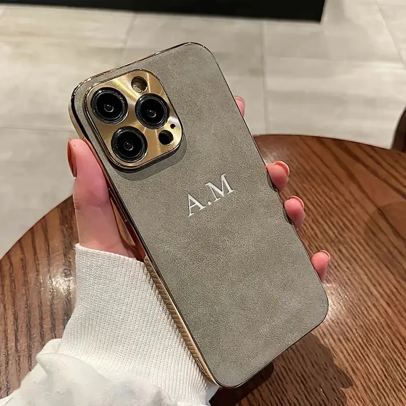 

Personalized Customized Initials Name Case For Iphone 11 12 13 14 15 16 Pro Max Plating Electroplated Frame Lambskin Cover
