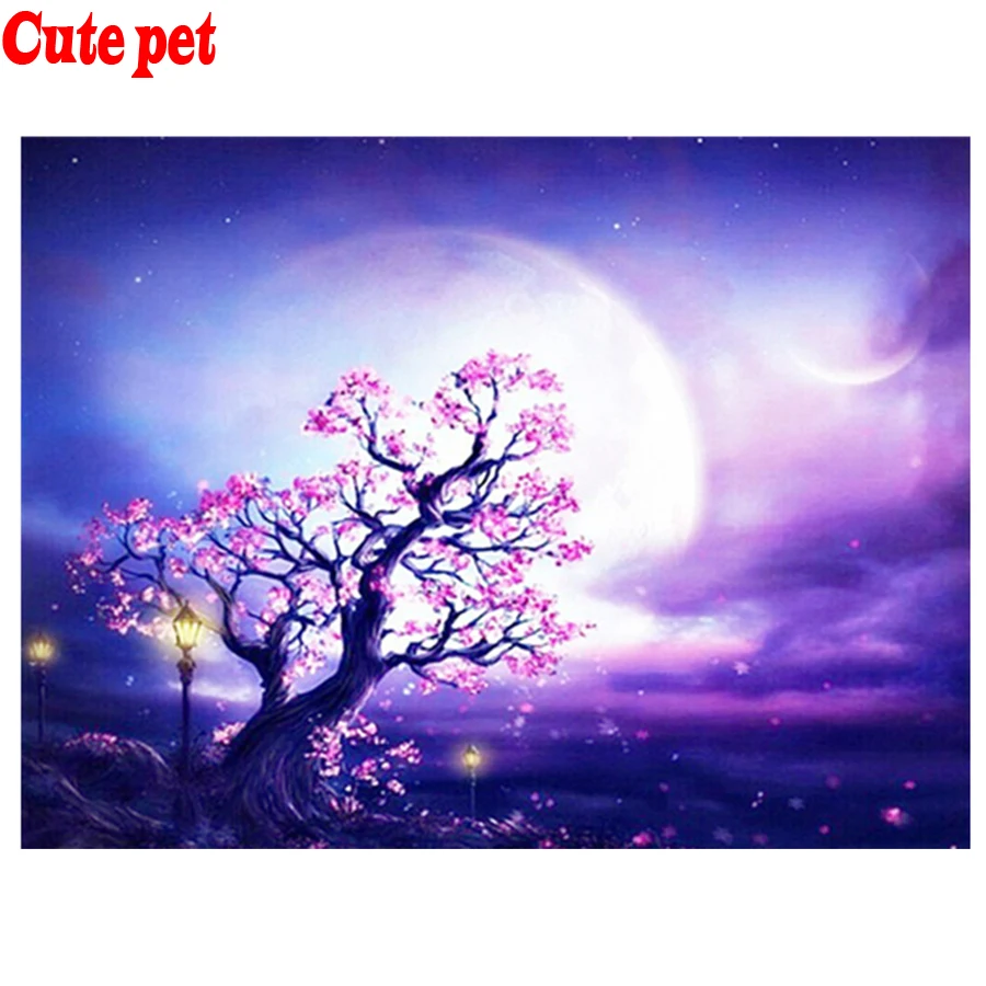 

new arrived diy diamond embroidery Peach trees in the moonlight painting family home decoration for christmas gift pink view