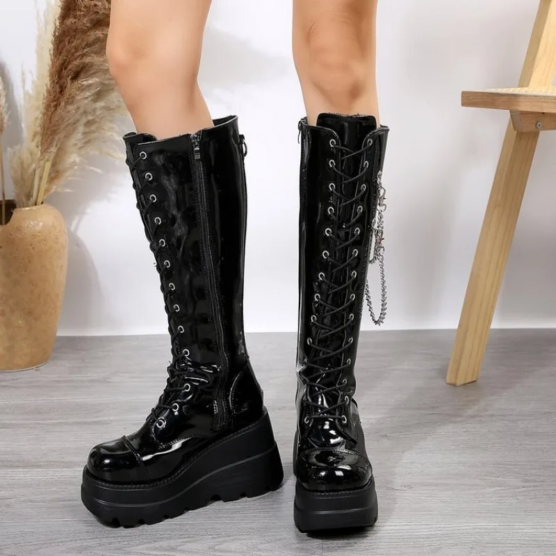 Woman Boots 2024 Knee High Platfrom Studded Knight Combat Gothic Elegant Medium Heel Women\'s Shoes Motorcycle Footwear Shoes