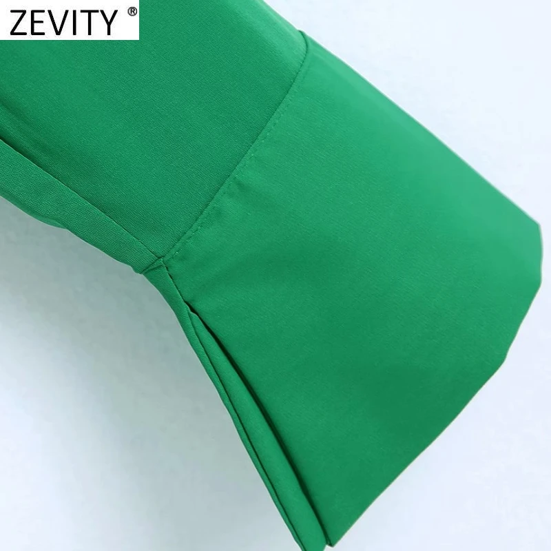 Zevity Women Fashion Turn Down Collar Knotted Green Color Short Smock Blouse Female Long Sleeve Slim Shirt Chic Crop Tops LS9465