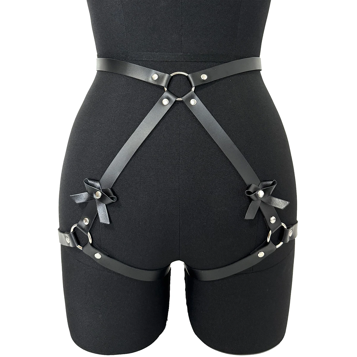 Fashionable Women's Bowknot Leg Harness with Bracelet Faux Leather Buttocks Adjustable Suspenders Gothic Garter Thigh Sword Belt - view 5