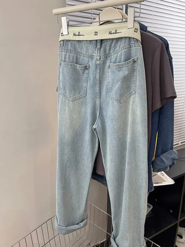 High waisted letter jeans for women in 2023, new design sense niche, loose and slim wide leg pants, straight leg pants for women