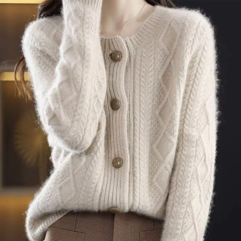 

Four Seasons Muze Autumn/Winter New Knitted Cardigan Women's Round Neck Long Sleeve Loose Hook Flower Fashion Sweater Thick Coat