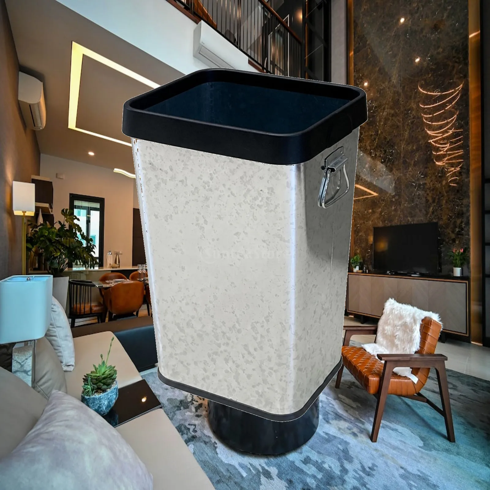 Rectangular Trash Bin with Rounded Corners Wipe-Clean Iron Trash Can with Carry Handle for Home, Office