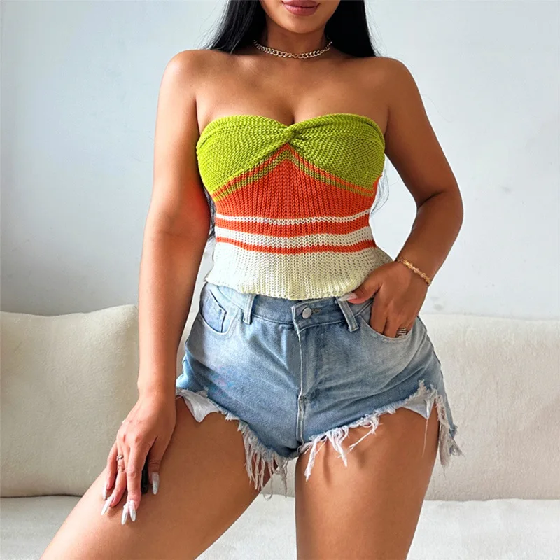 

Sexy Knitted Color Patchwork Crop Top Crochet Strapless Tank Tops Women Summer Clothes Streetwear Casual Y2K Tees Club Wear 2023