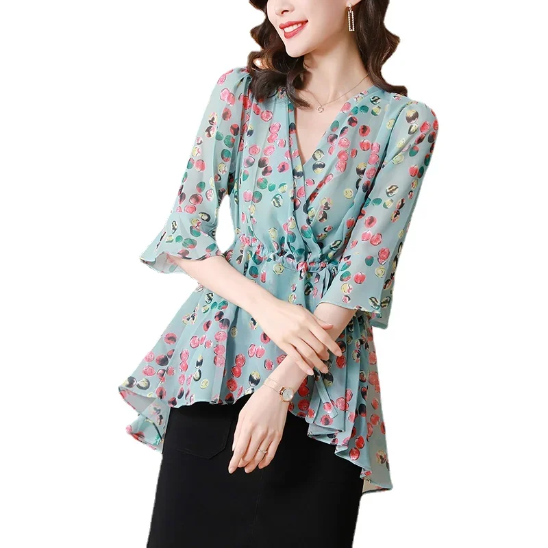 

laceup waist chiffon blouses women summer ruffles shirts women half sleeve ruffles chiffon tops blusas mujer