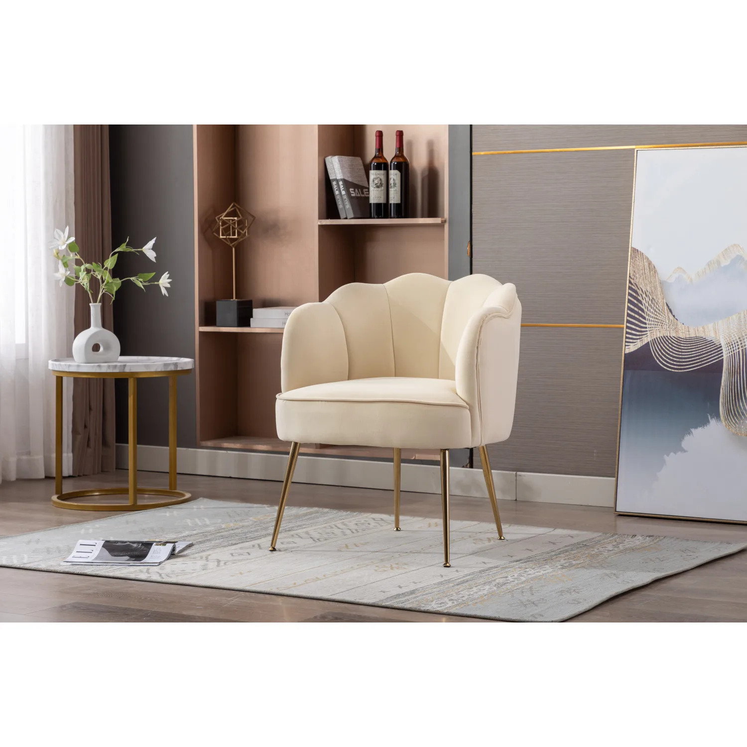 Shell Shape Velvet Fabric Armchair Accent Chair With Gold Legs For Living Room Bedroom,Beige