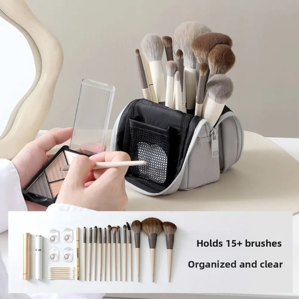 Waterproof Standing Cosmetic Pouch Double Zipper Large Capacity Makeup Brushes Holder Standing Design Multi-Compartment