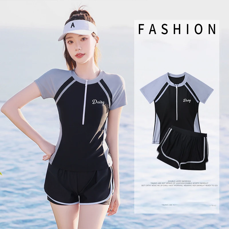 New Short Sleeve High Waist Two Pieces Swimwear Women Swimsuit Hot Spring Surf Bathing Swimming Suit Female Beach Wear 2023