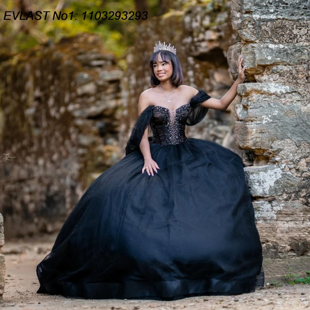 

EVLAST Customized Romantic Black Ball Gown Quinceanera Dress Applique Crystal Beaded Corset Sweet 16 Vestidos De 15 Anos E1QN192
