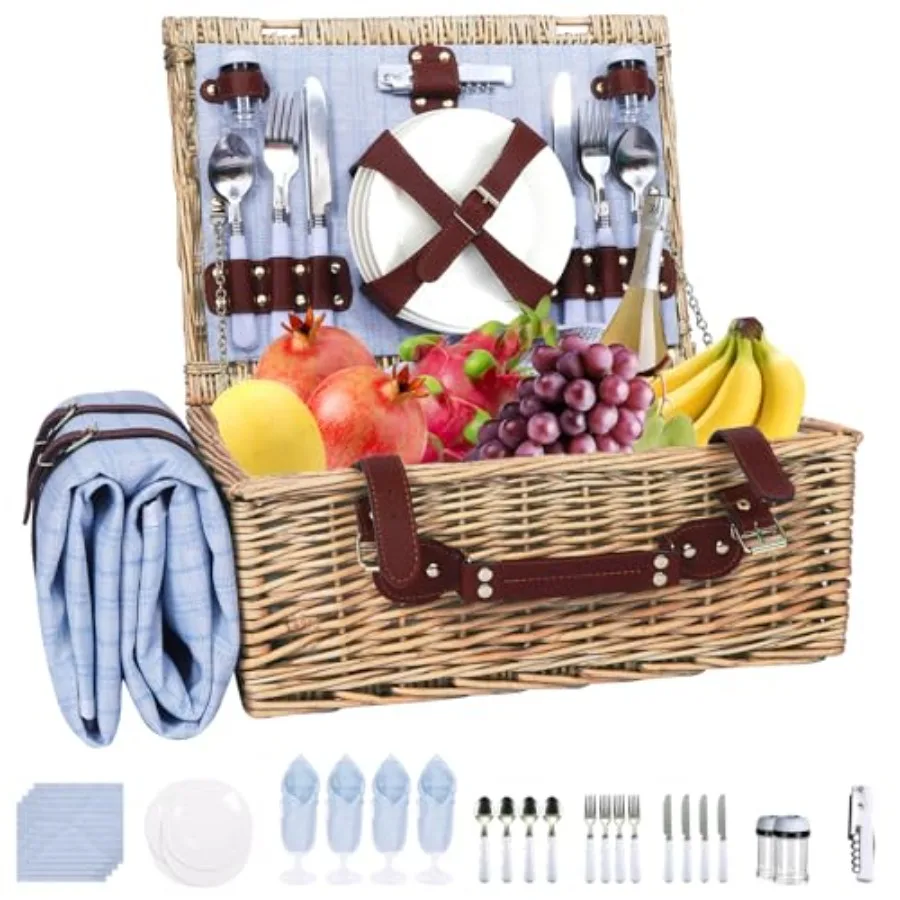 Cestas de picnic de mimbre y sauce para 4 personas con bolsa térmica aislada y manta de picnic azul impermeable, regalo para Navidad