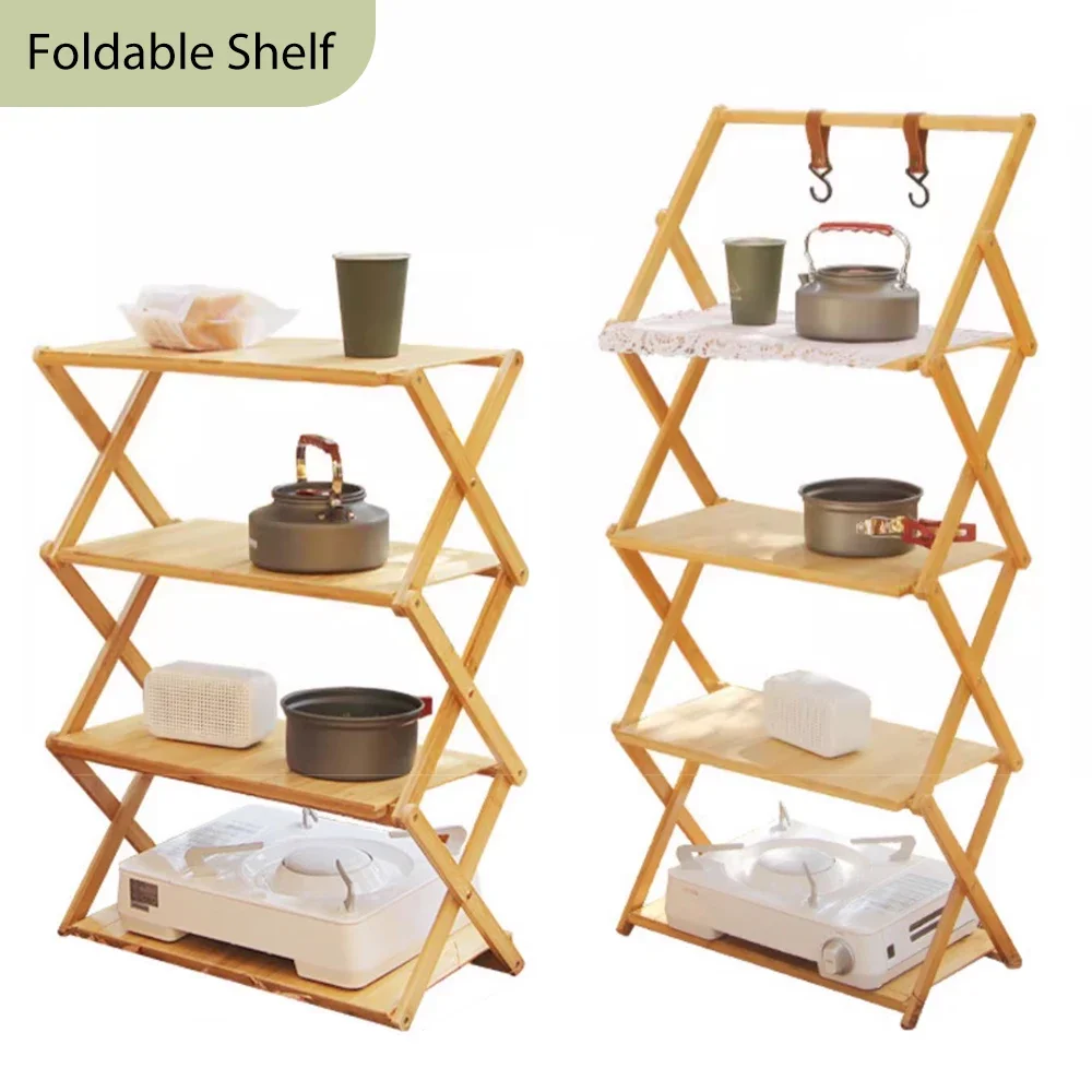 Mesa dobrável multifuncional ao ar livre, prateleira de armazenamento, portátil, multi-camada, piquenique Louça Rack, bambu