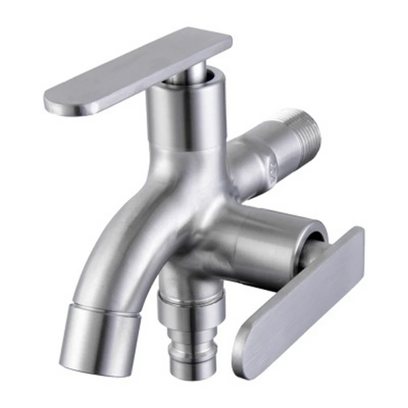 Stainless Steel Double Switch Faucet Multi-function Outdoor Dual Handle Switch Spout Outlet Washing Machine Bathroom Faucet Tap