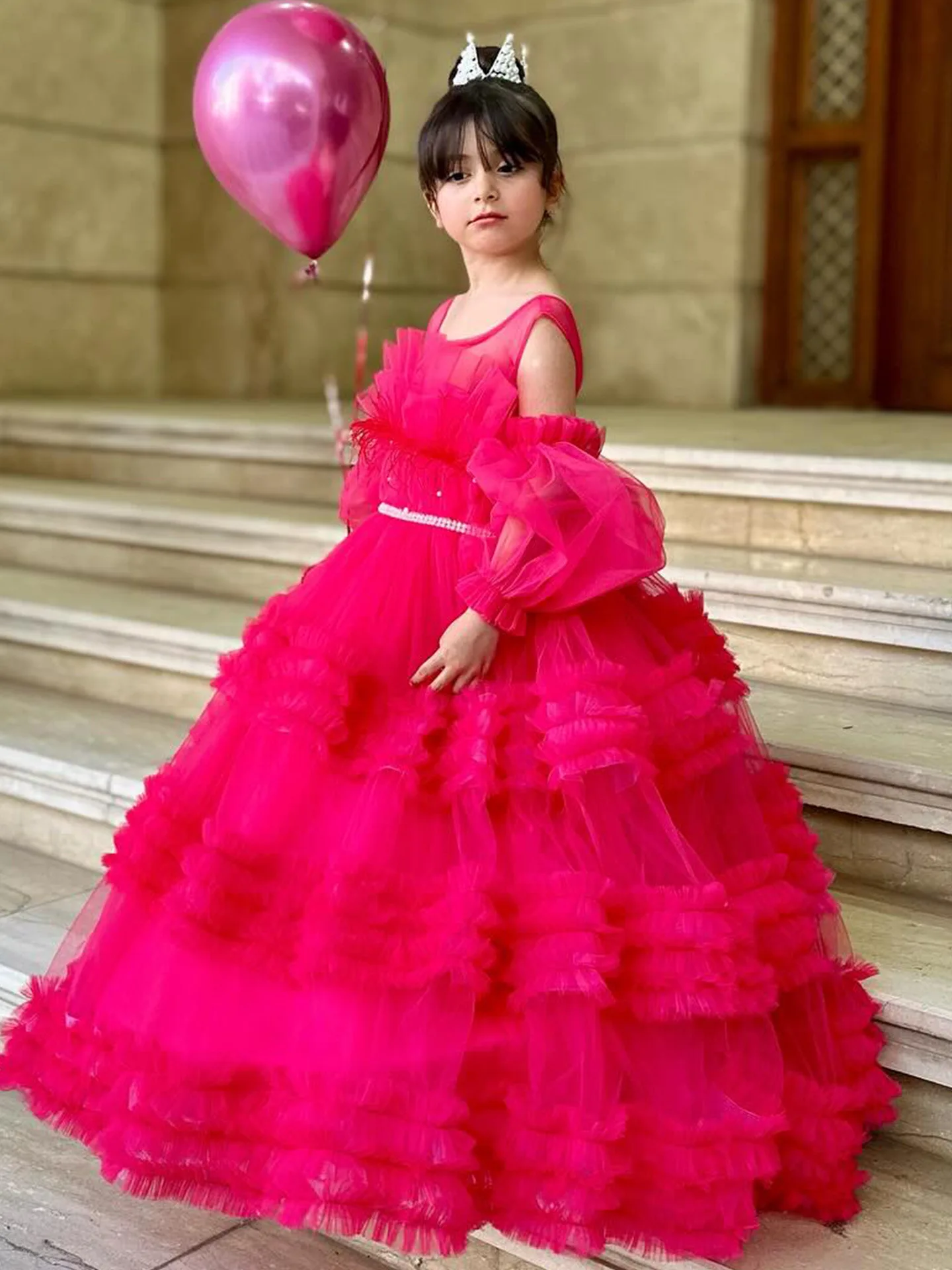 Bright Pink Ruffled Flower Girl Dress First Christmas Party Dress Wedding Gown Off Shoulder Formal Occasion Dress for Girlsفس