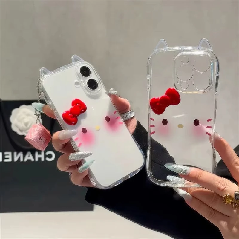 حافظة شفافة بسيطة لطيفة لأحمر الخدود Hello Kitty لهاتف آيفون 13 15 11 16 12 Pro Max 14 7 16 15 8 Plus Xr Xs X Max Se غطاء آذان قطة لطيف